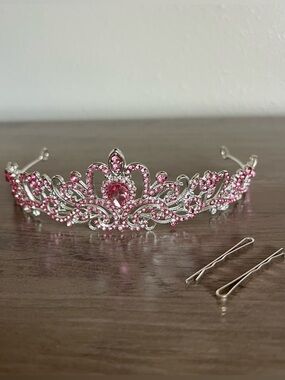 Metal Crown W/ Clips Pink Rhinestone Tiara Party Bridal Jewelry Prom Halloween